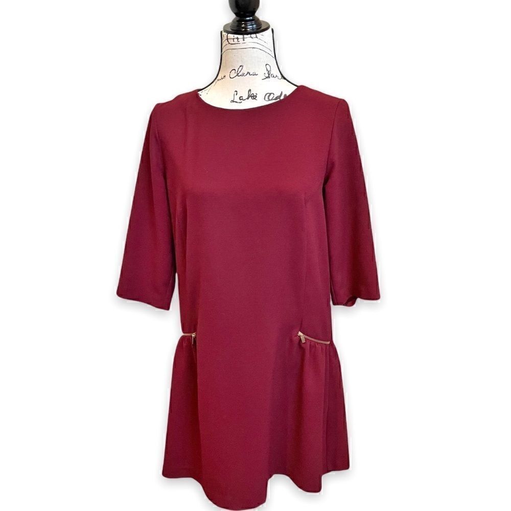 promod Burgundy Drop Waist Mini Dress with Faux Pockets and 3/4 Sleeves EU 38